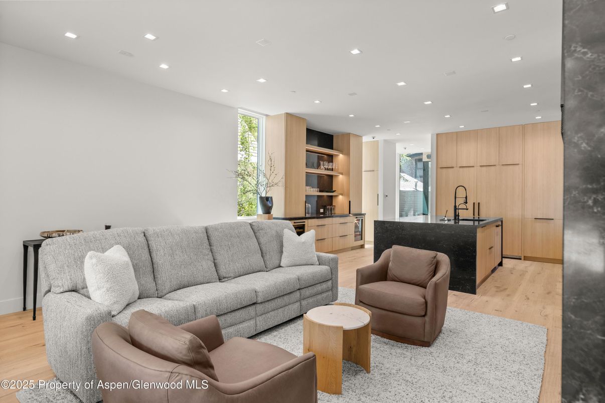 Interior, Kitchen, Living room, Recessed Lighting, Wood Texture Flooring