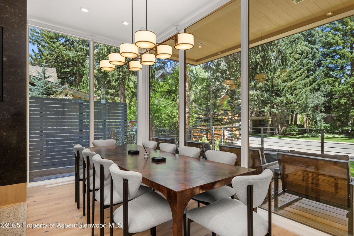 Dining room, Interior, Pendant Lights, Recessed Lighting, Wood Texture Flooring