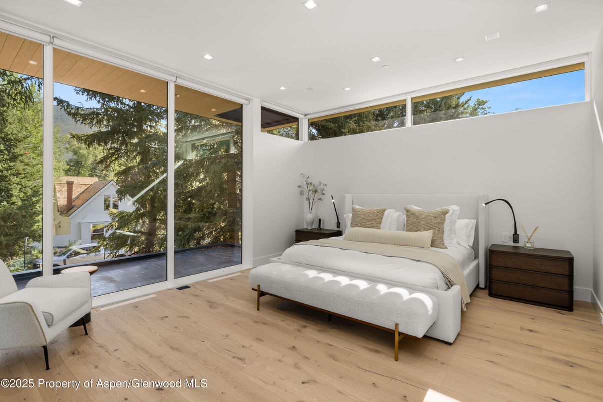 Bedroom, Interior, Recessed Lighting, Wood Texture Flooring