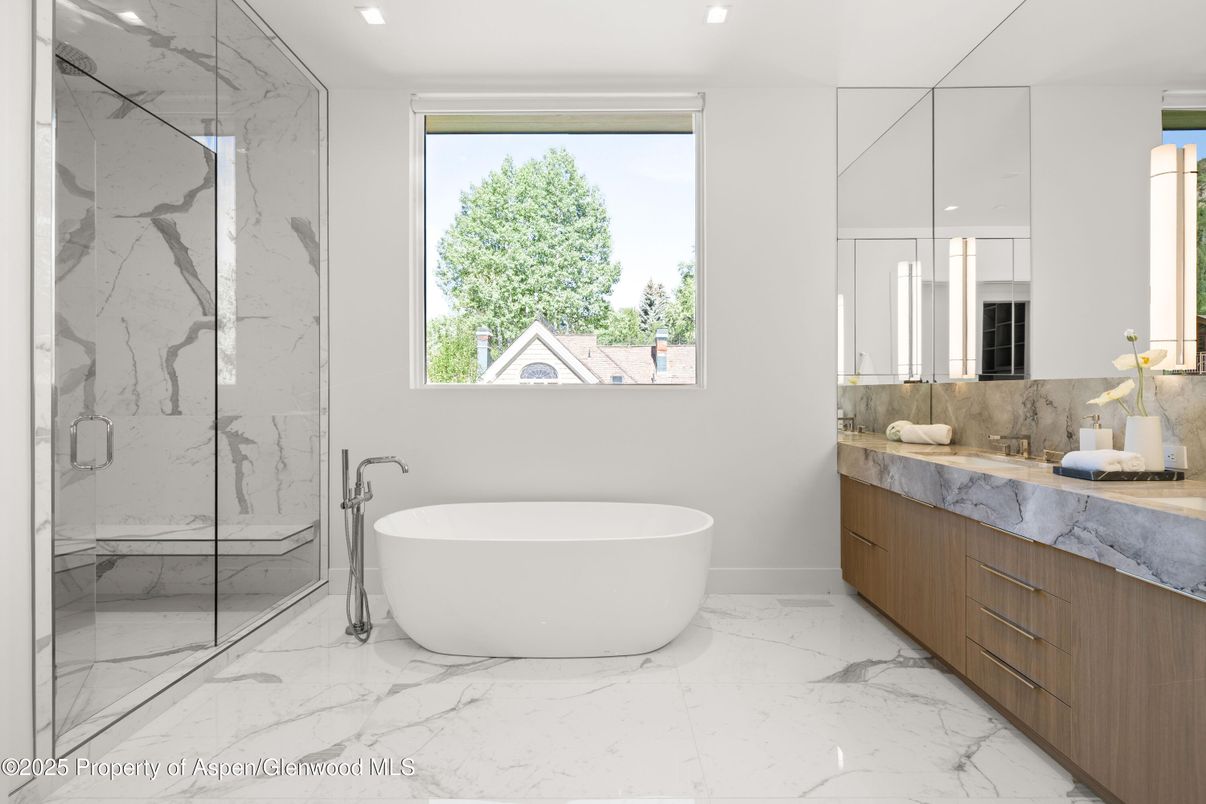 Bathroom, Free Standing Baths, Glass Shower, Interior, Marble, Marble Walls, Recessed Lighting