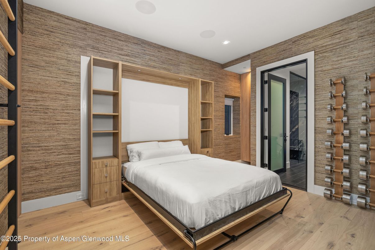 Bedroom, Interior, Recessed Lighting, Wood Texture Flooring, Wooden Walls