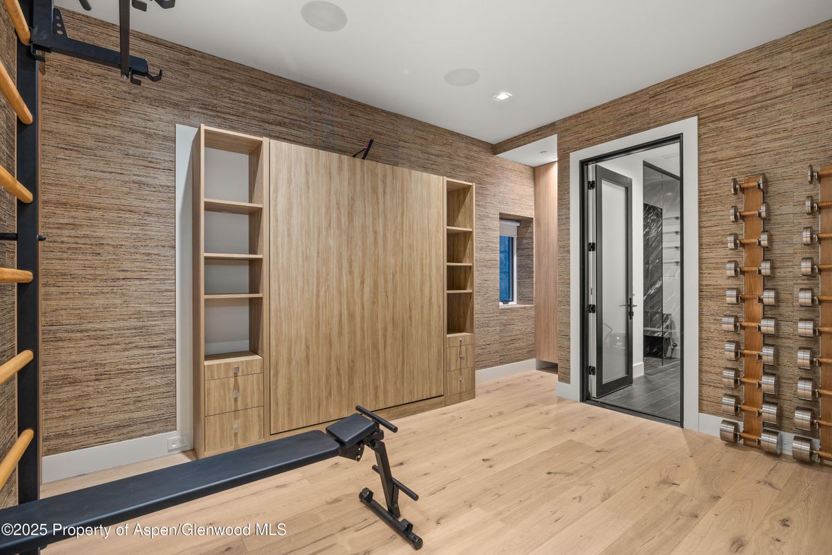 Fitness Equipment, Interior, Recessed Lighting, Wood Texture Flooring, Wooden Walls