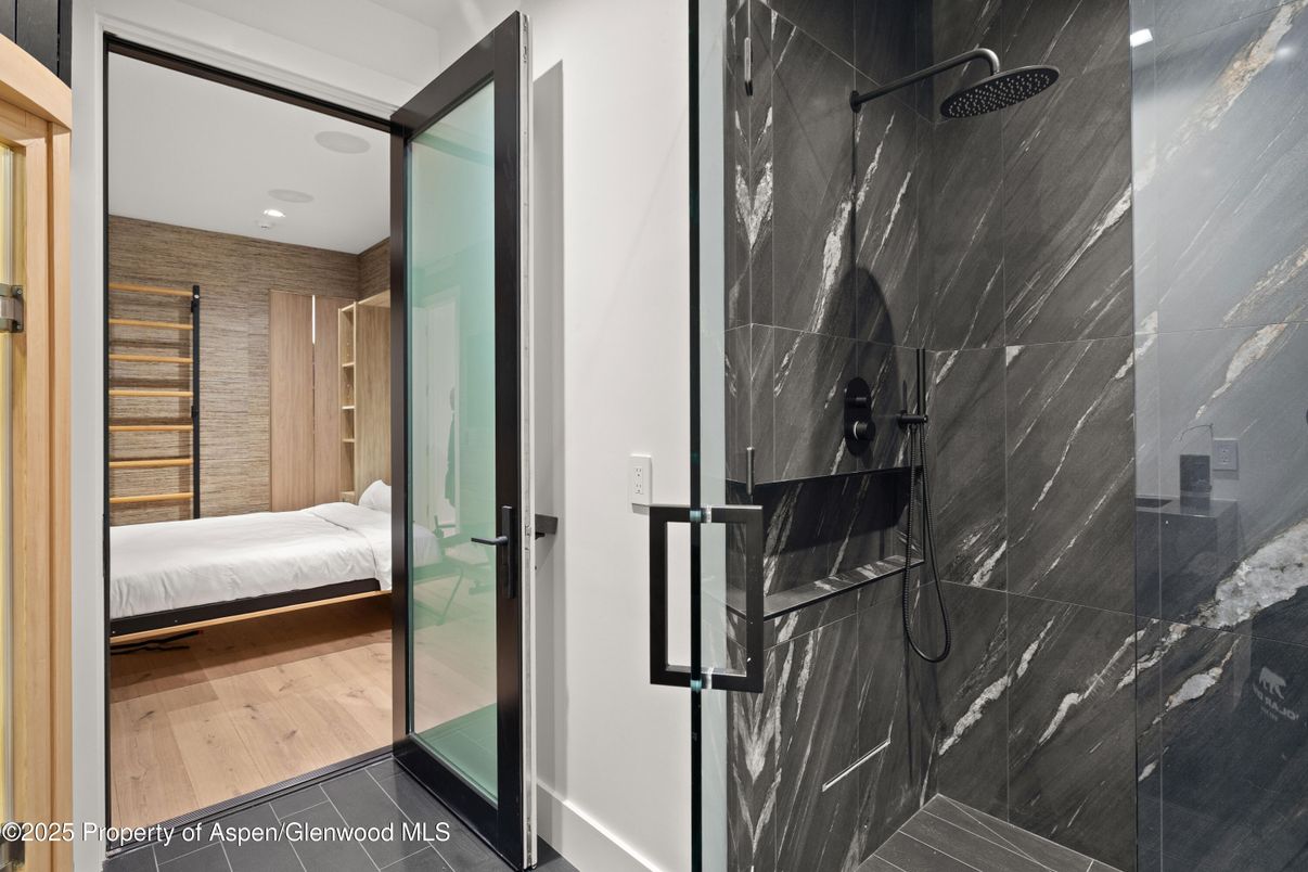 Bathroom, Bedroom, Glass Shower, Interior, Recessed Lighting, Wood Texture Flooring