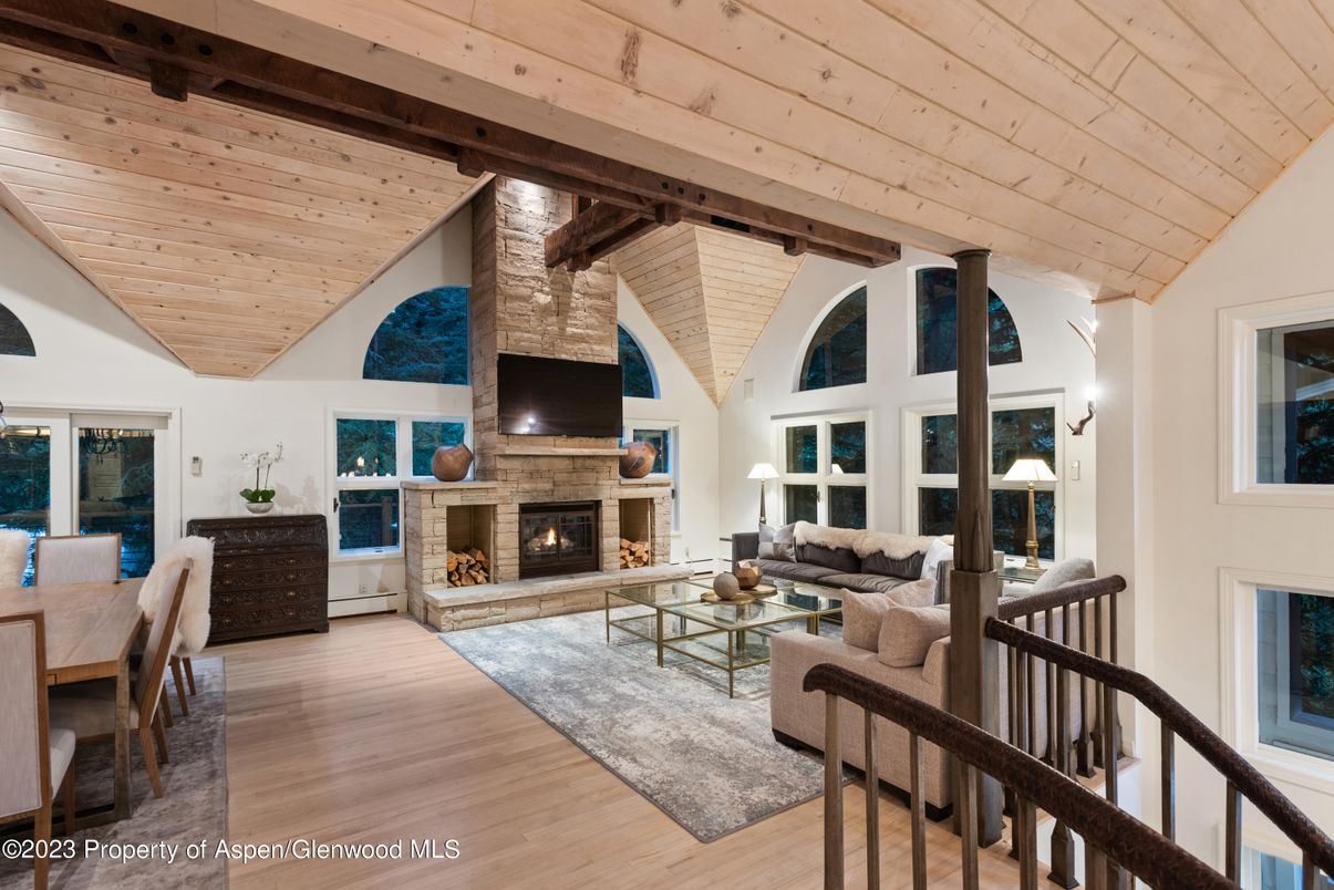 Dining room, Fireplace, Interior, Living room, Stone Walls, Wooden Beams, Wooden Ceilings, Wood Texture Flooring