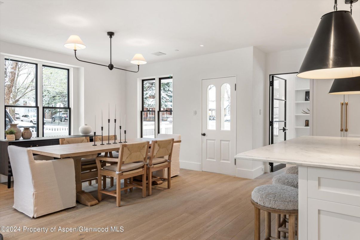 Dining room, Interior, Pendant Lights, Recessed Lighting, Wood Texture Flooring