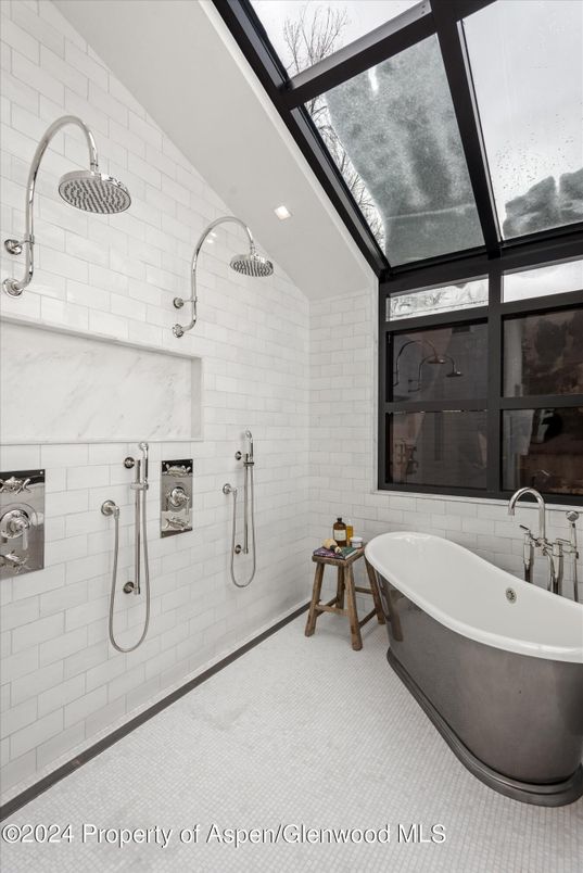 Bathroom, Free Standing Baths, Glass Ceilings, Glass Shower, Interior, Marble Walls, Recessed Lighting