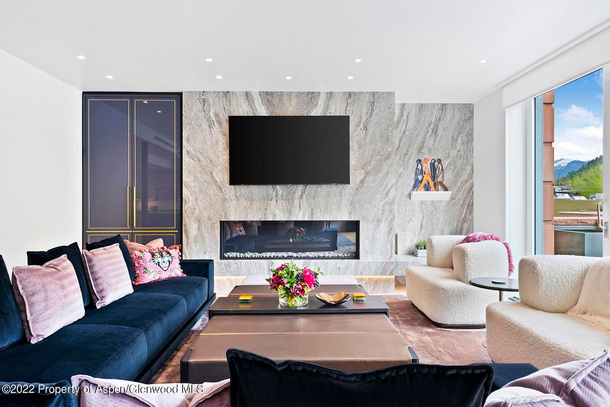 Fireplace, Interior, Living room, Marble Walls, Recessed Lighting