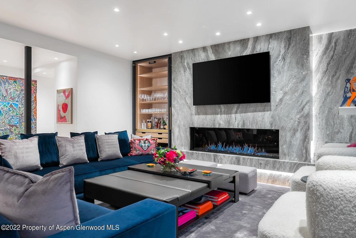 Fireplace, Interior, Living room, Marble Walls, Recessed Lighting