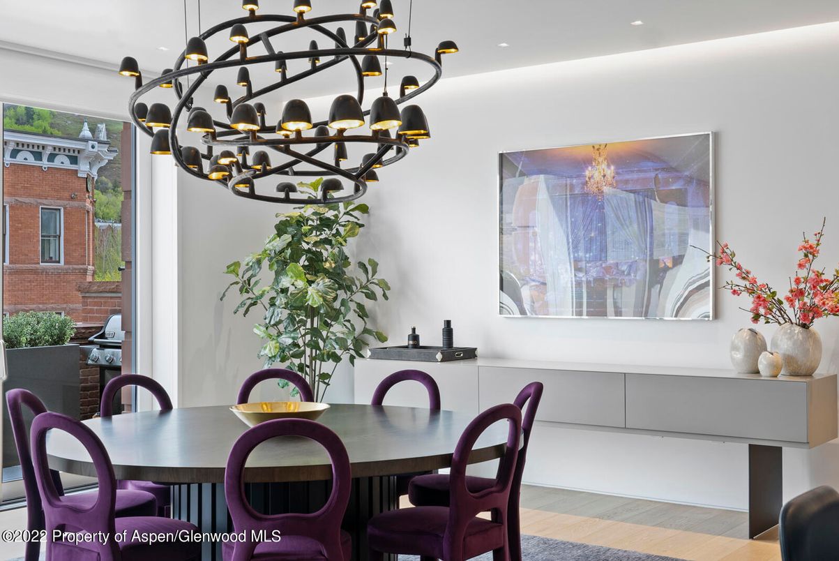 Dining room, Interior, Pendant Lights, Recessed Lighting, Wood Texture Flooring