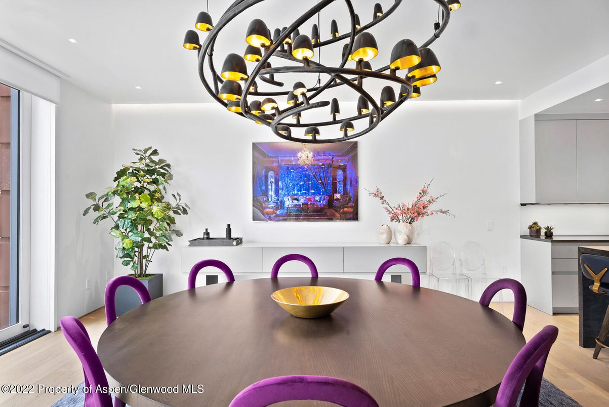 Dining room, Interior, Pendant Lights, Recessed Lighting, Wood Texture Flooring