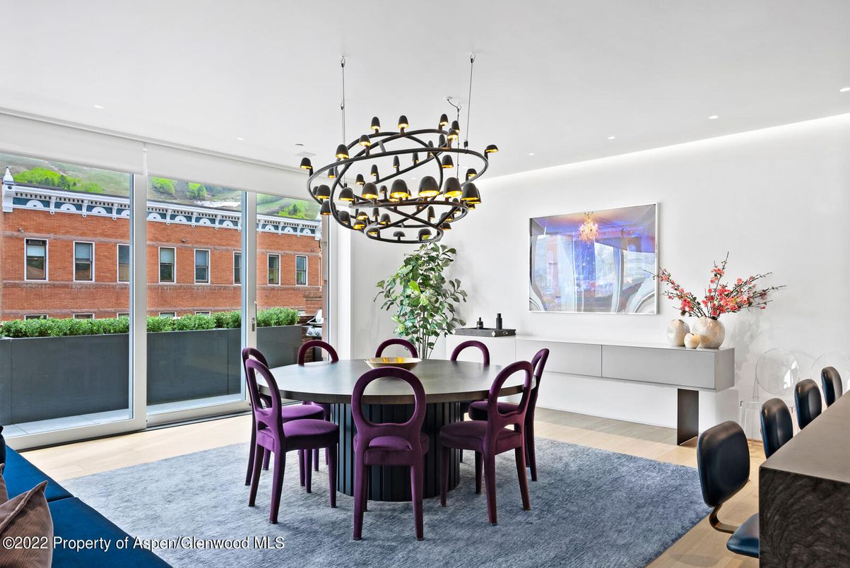 Dining room, Interior, Pendant Lights, Recessed Lighting, Wood Texture Flooring