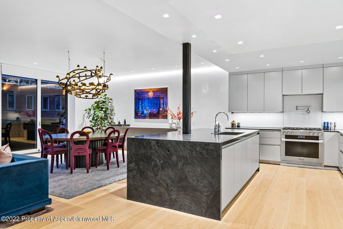 Dining room, Interior, Kitchen, Pendant Lights, Recessed Lighting, Stainless Steel Appliances, Wood Texture Flooring