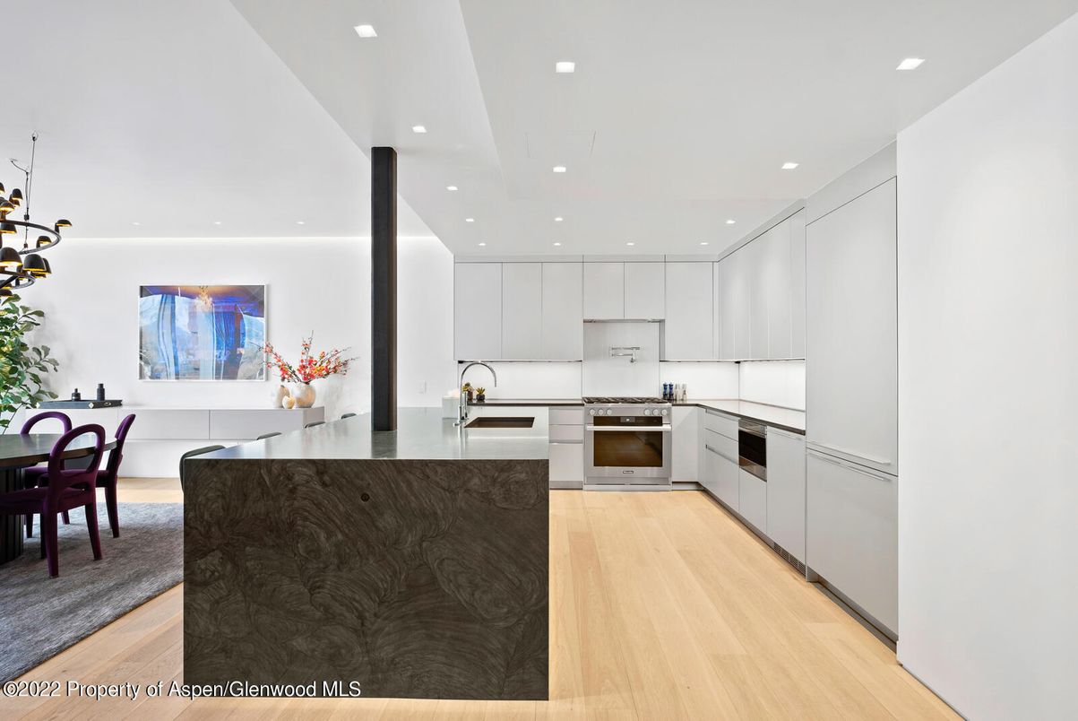 Dining room, Interior, Kitchen, Pendant Lights, Recessed Lighting, Stainless Steel Appliances, Wood Texture Flooring