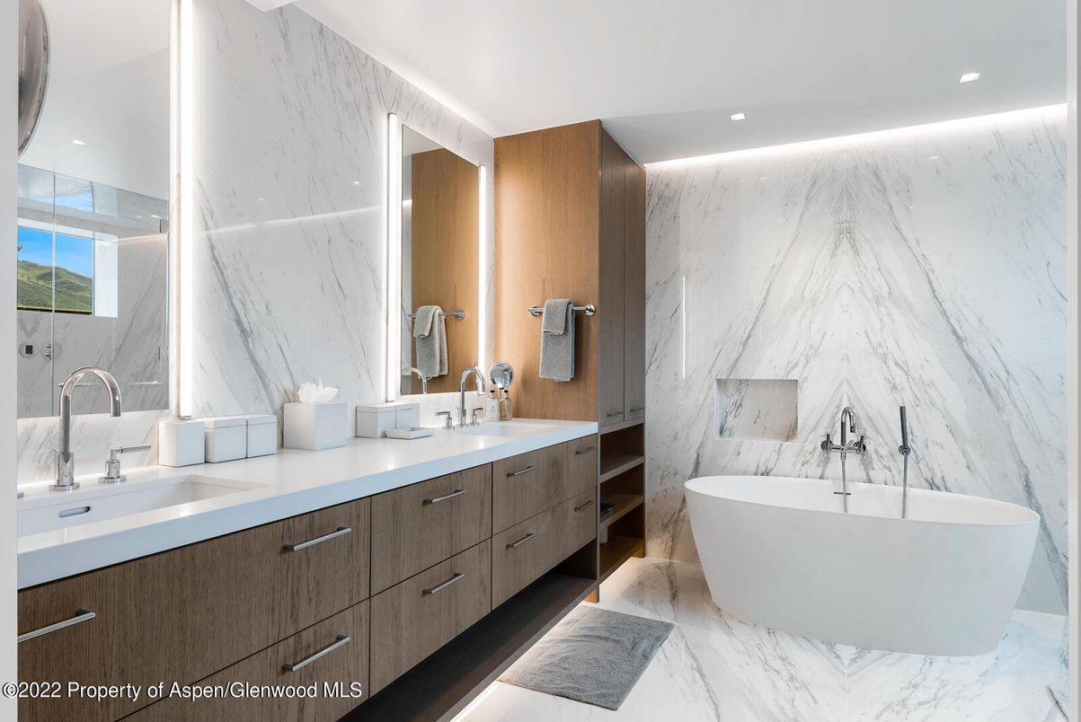 Bathroom, Dual Sink Vanities, Free Standing Baths, Interior, Marble, Marble Walls, Recessed Lighting