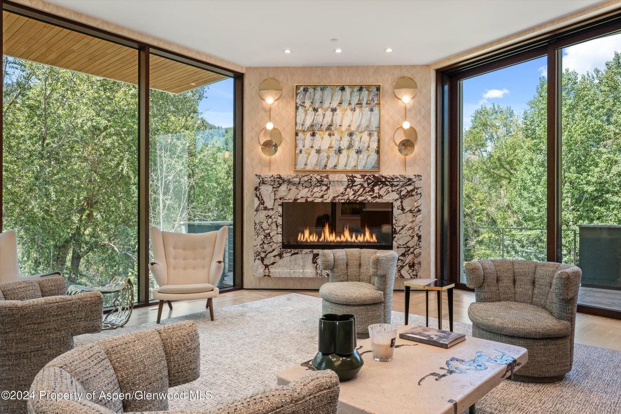 Fireplace, Interior, Living room, Recessed Lighting, Wood Texture Flooring