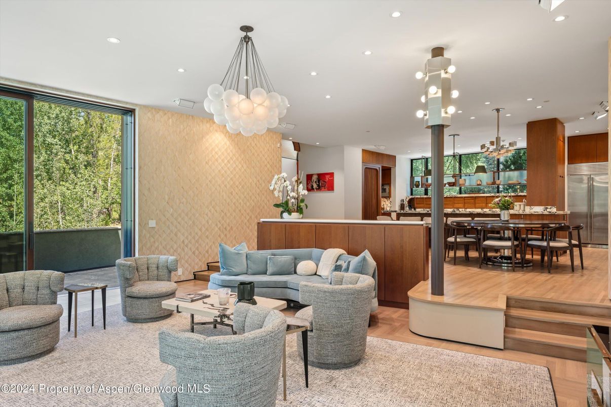 Dining room, Interior, Kitchen, Living room, Pendant Lights, Recessed Lighting, Stainless Steel Appliances, Wood Texture Flooring