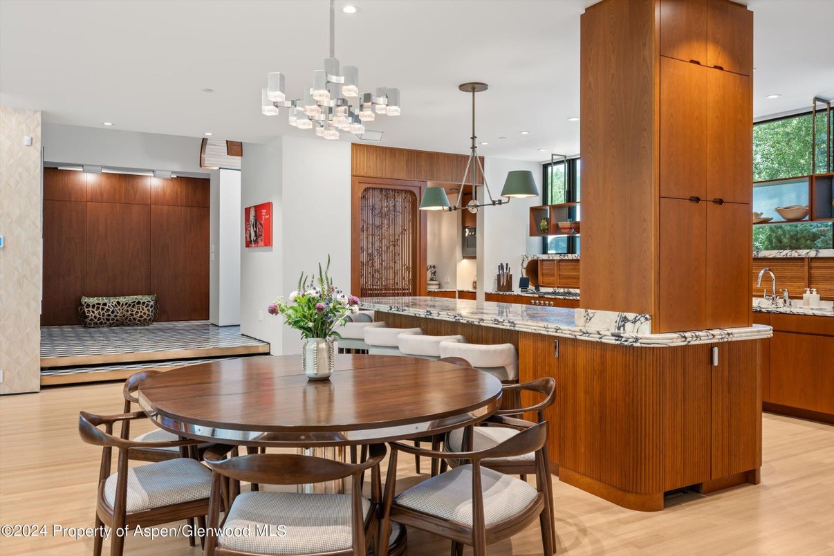 Dining room, Interior, Kitchen, Pendant Lights, Recessed Lighting, Wood Texture Flooring