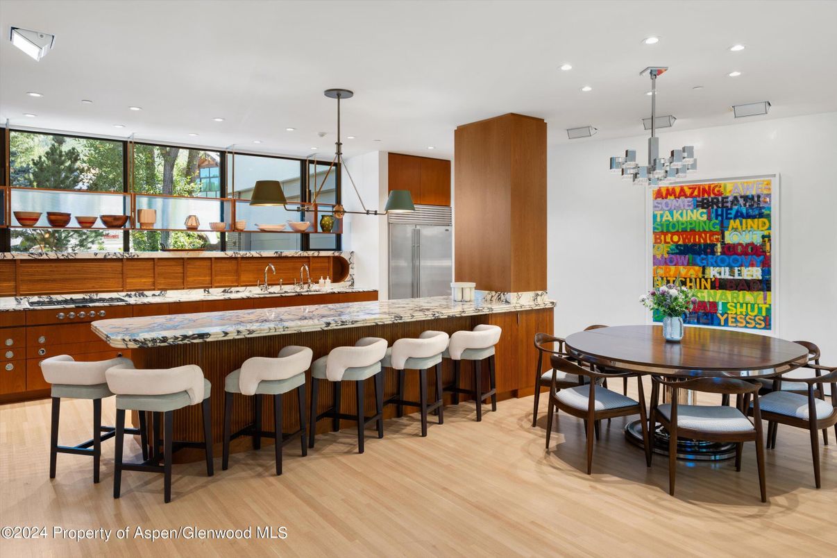 Dining room, Interior, Kitchen, Pendant Lights, Recessed Lighting, Stainless Steel Appliances, Wood Texture Flooring