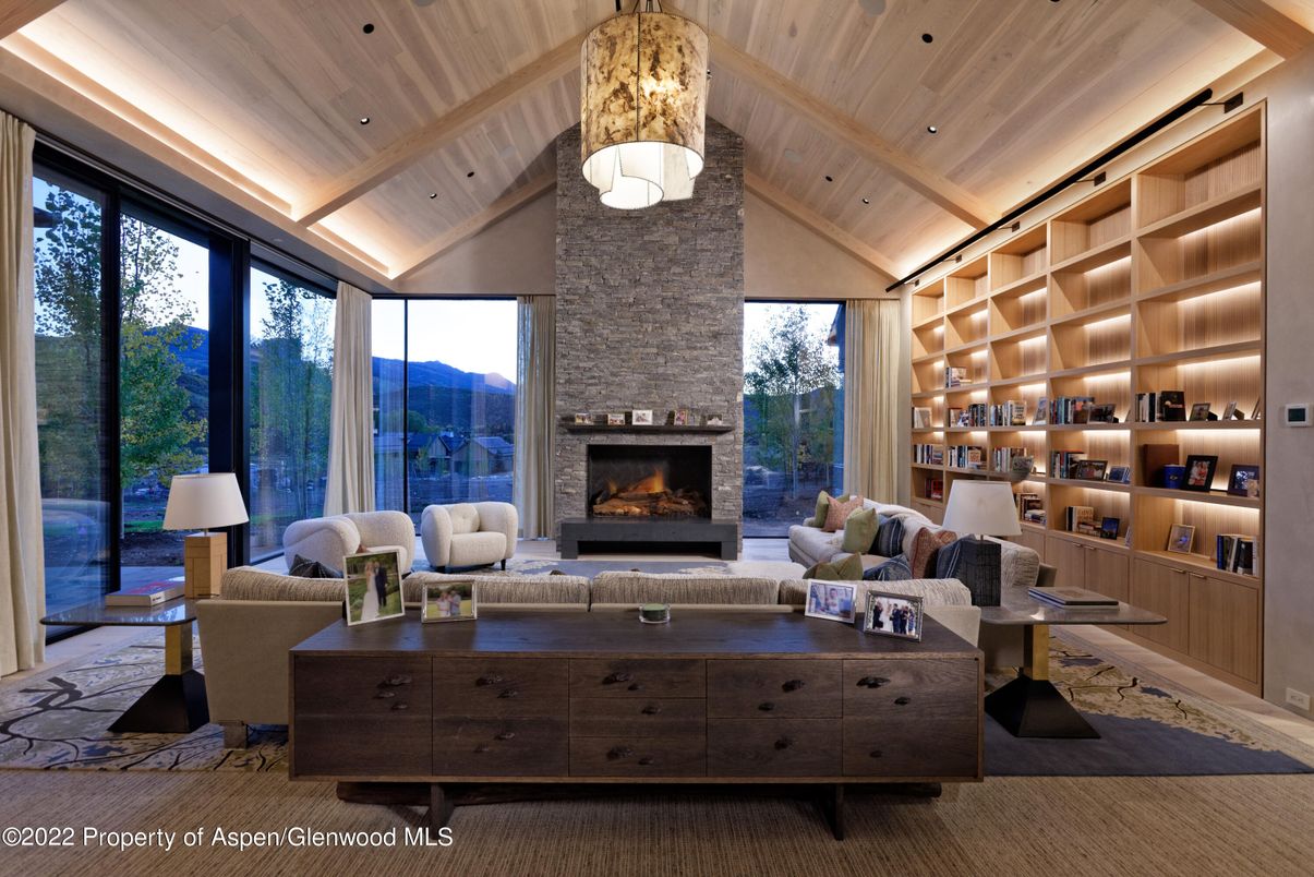 Fireplace, Interior, Living room, Recessed Lighting, Stone Walls, Wooden Ceilings