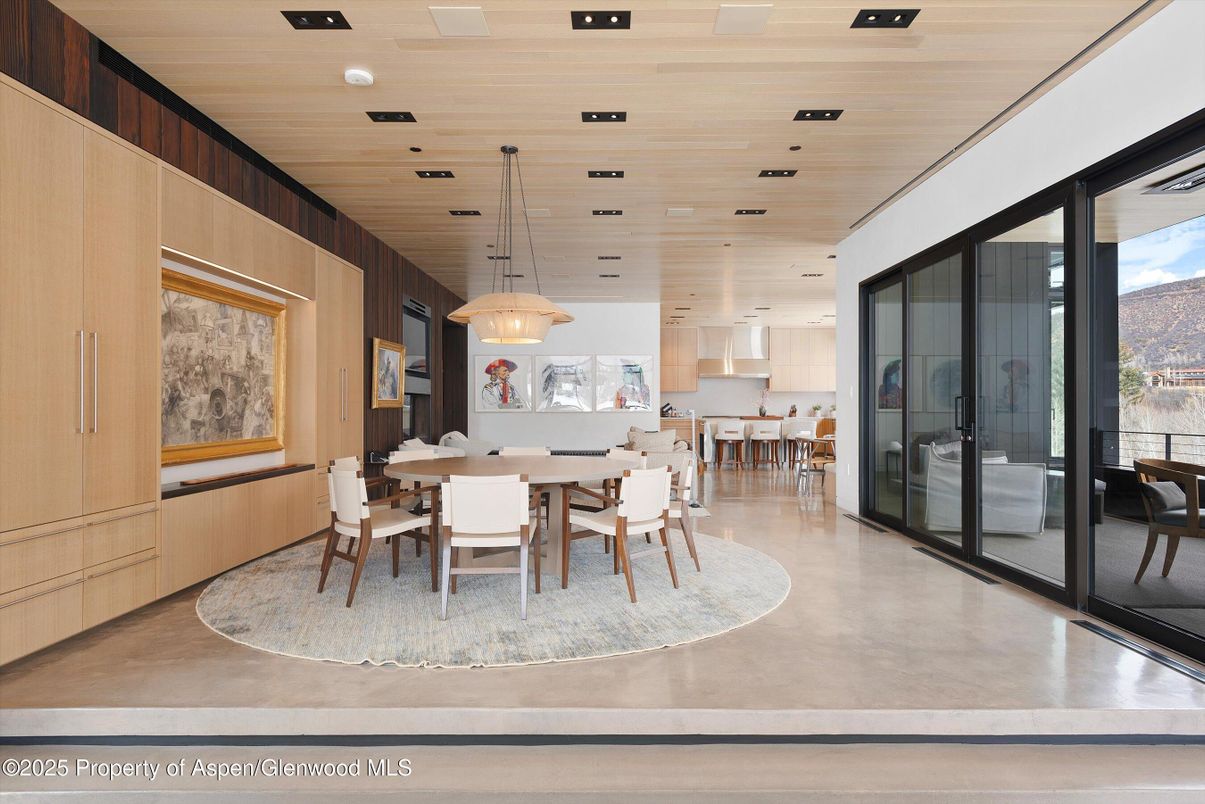 Dining room, Interior, Pendant Lights, Recessed Lighting, Wooden Ceilings