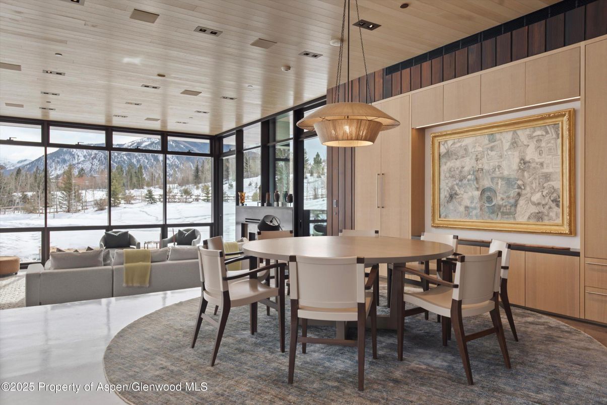 Dining room, Interior, Living room, Pendant Lights, Recessed Lighting, Wooden Ceilings