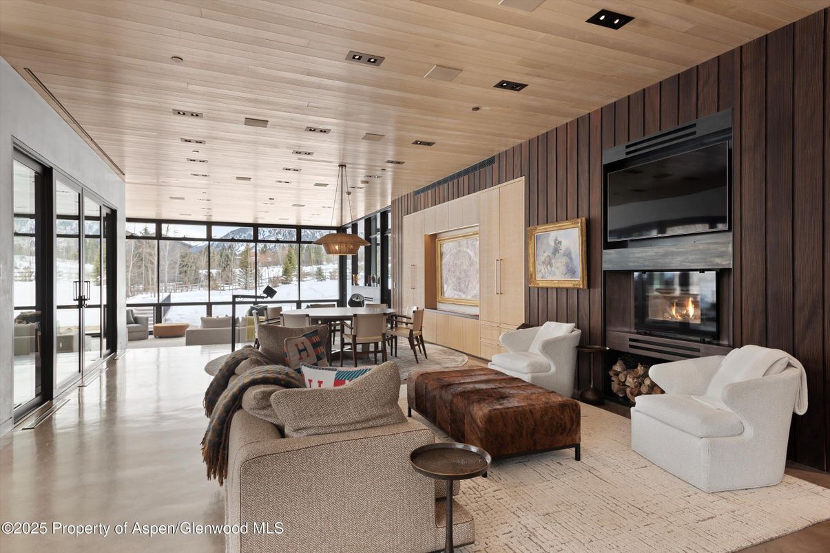 Dining room, Fireplace, Interior, Living room, Pendant Lights, Recessed Lighting, Wooden Ceilings