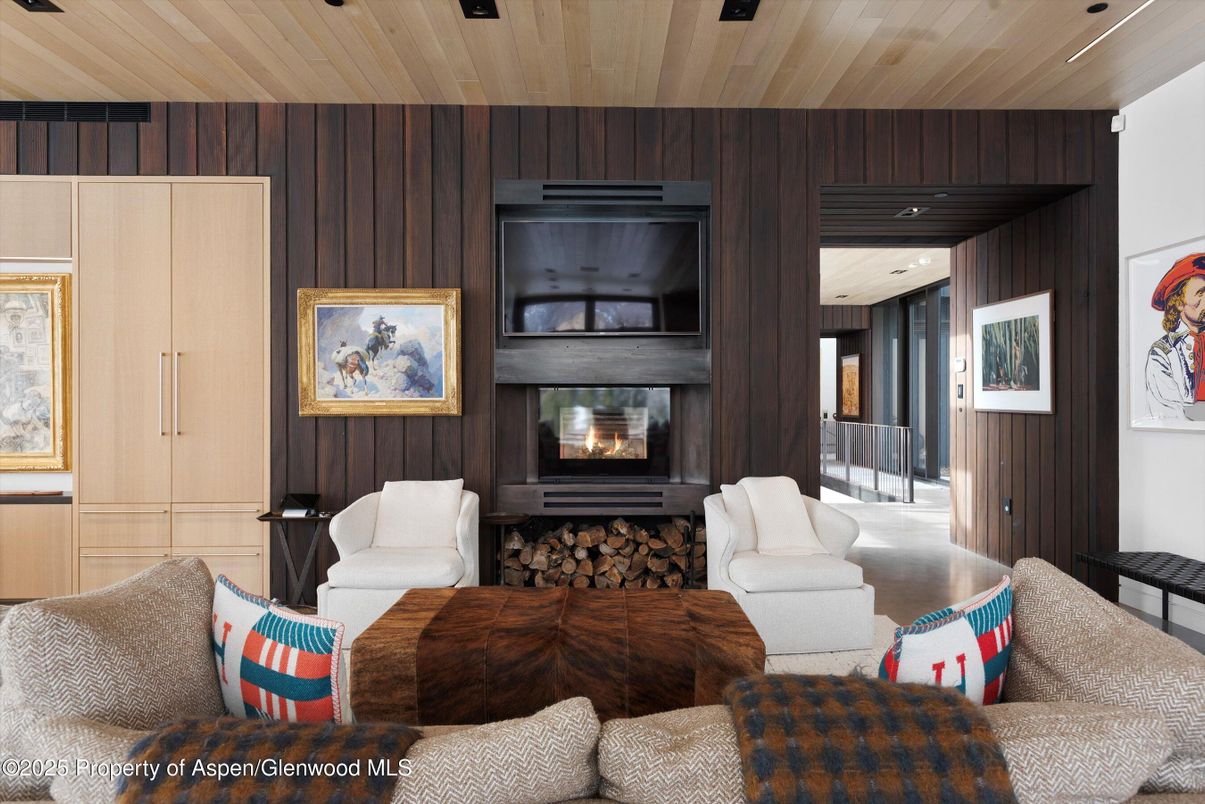 Fireplace, Interior, Living room, Recessed Lighting, Wooden Ceilings, Wooden Walls