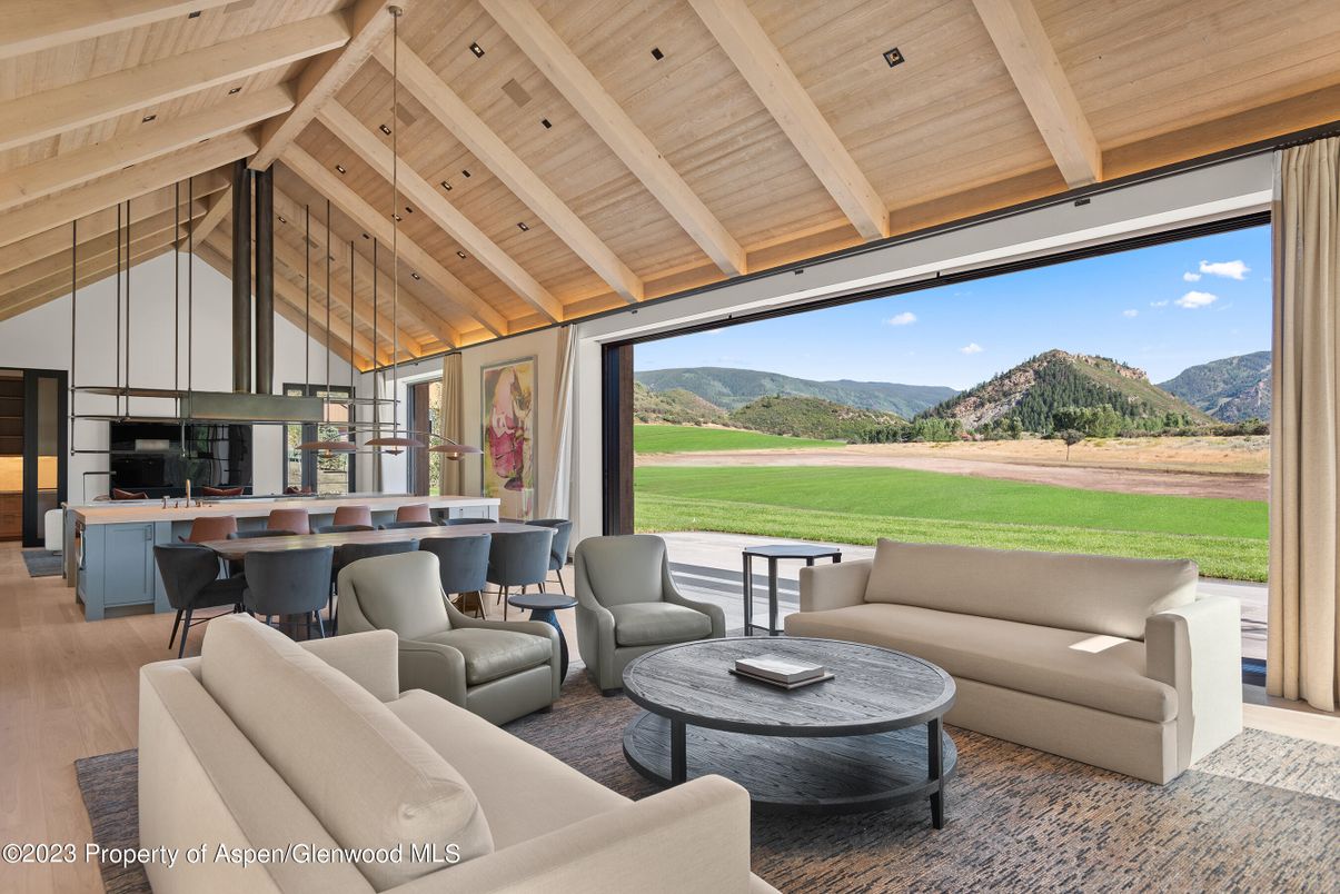 Dining room, Interior, Kitchen, Living room, Pendant Lights, Recessed Lighting, Wooden Beams, Wooden Ceilings, Wood Texture Flooring