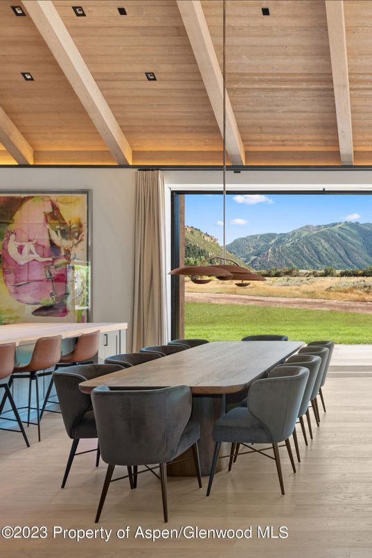 Dining room, Interior, Recessed Lighting, Wooden Ceilings, Wood Texture Flooring