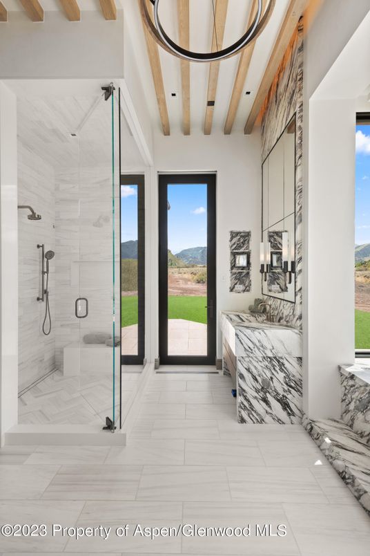 Bathroom, Bedroom, Glass Shower, Interior, Marble, Marble Walls, Recessed Lighting