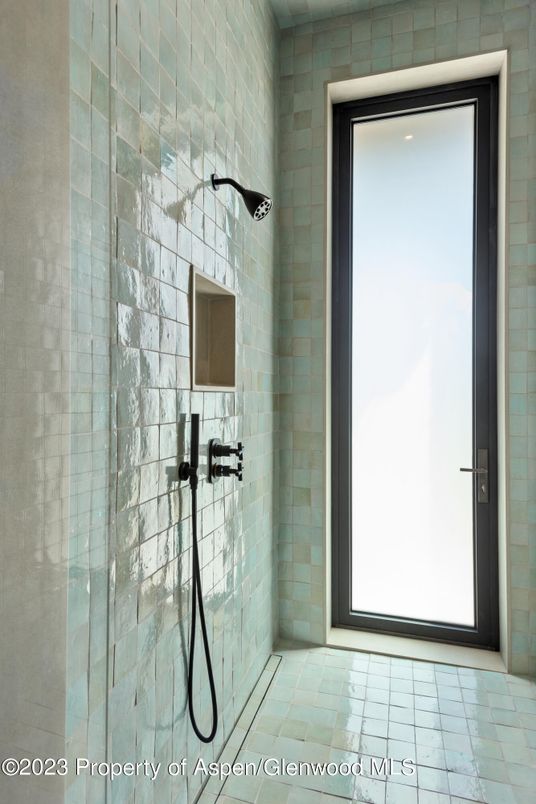 Bathroom, Glass Shower, Interior, Recessed Lighting, Stone Walls