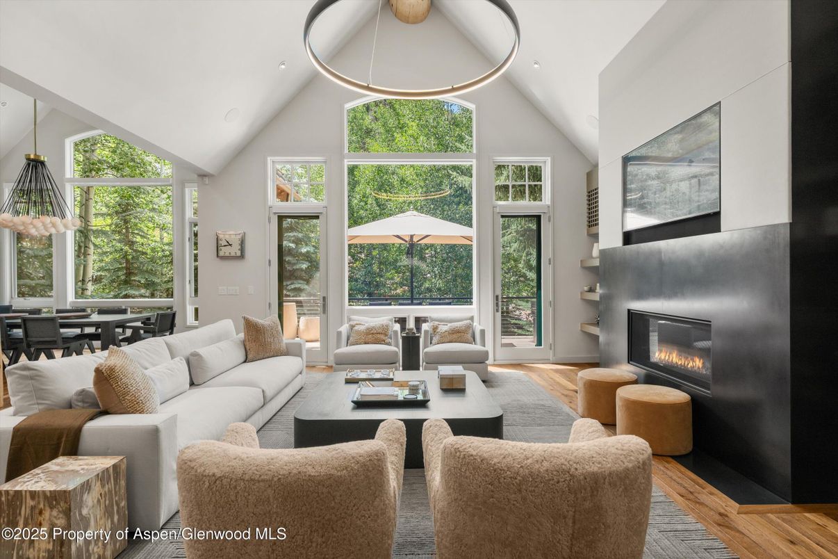 Dining room, Fireplace, Interior, Living room, Pendant Lights, Recessed Lighting, Wood Texture Flooring