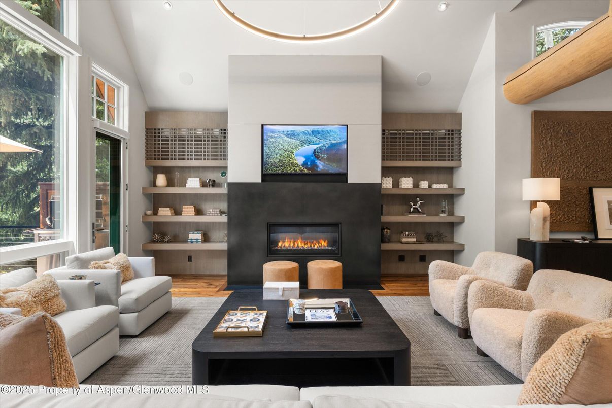 Fireplace, Interior, Living room, Recessed Lighting, Wood Texture Flooring