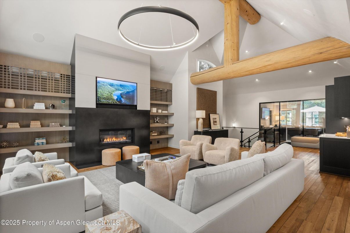 Fireplace, Interior, Living room, Pendant Lights, Recessed Lighting, Wooden Beams, Wood Texture Flooring