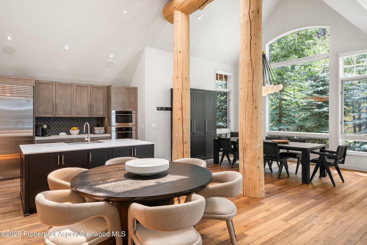 Dining room, Interior, Kitchen, Recessed Lighting, Stainless Steel Appliances, Wood Texture Flooring