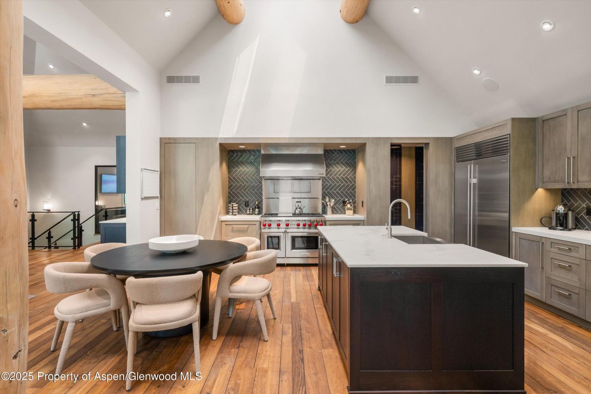 Interior, Kitchen, Recessed Lighting, Stainless Steel Appliances, Wooden Beams, Wood Texture Flooring