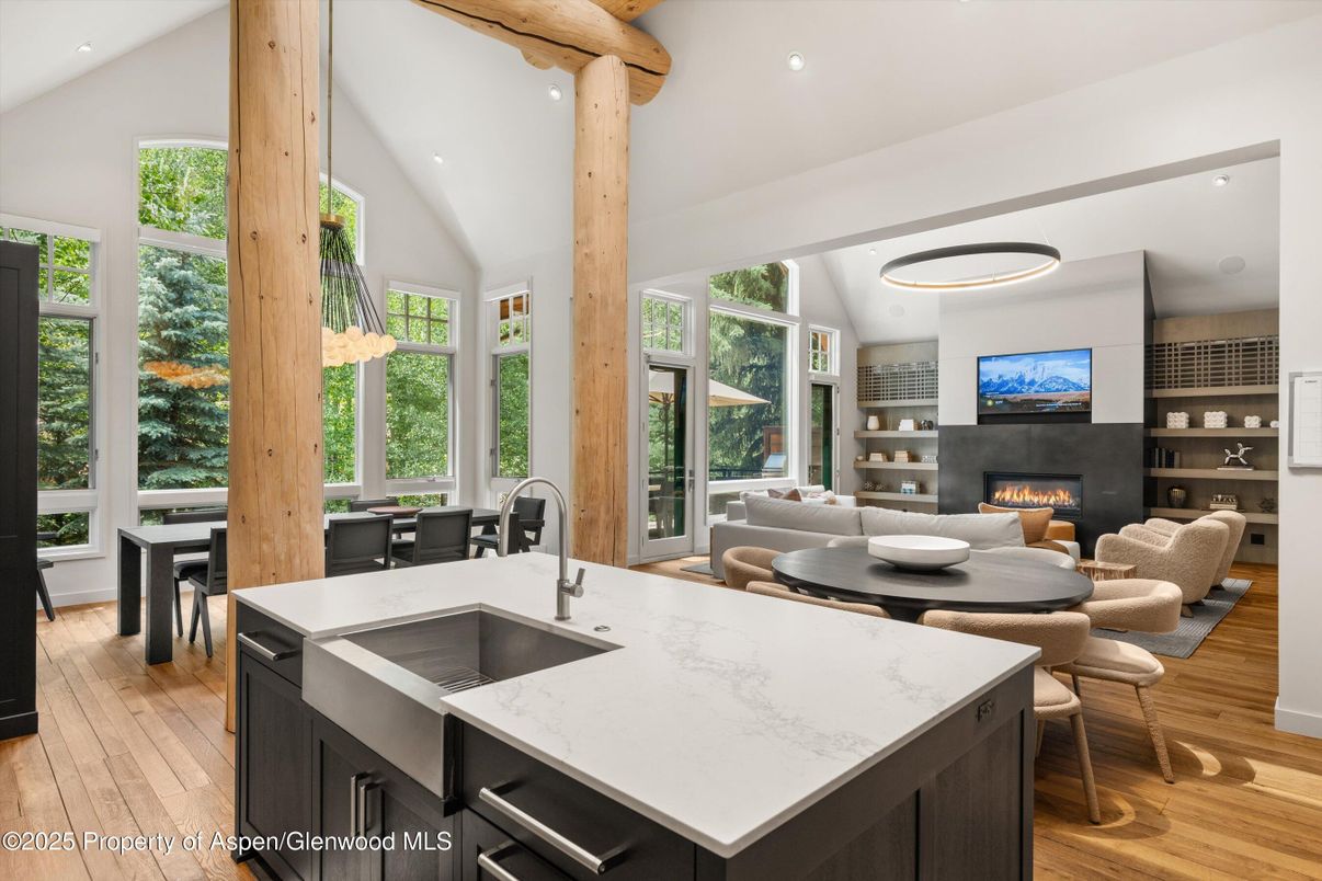 Dining room, Fireplace, Interior, Kitchen, Living room, Recessed Lighting, Wooden Beams, Wood Texture Flooring