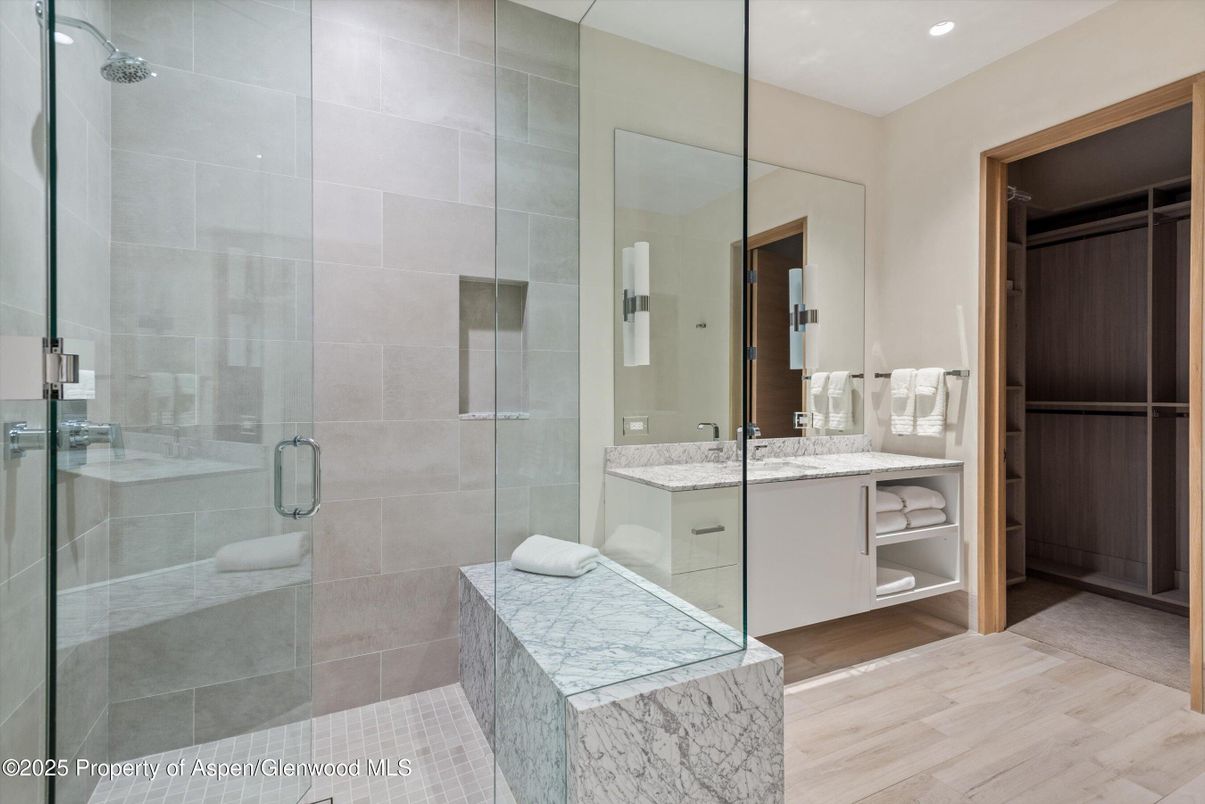 Bathroom, Glass Shower, Interior, Recessed Lighting, Wood Texture Flooring