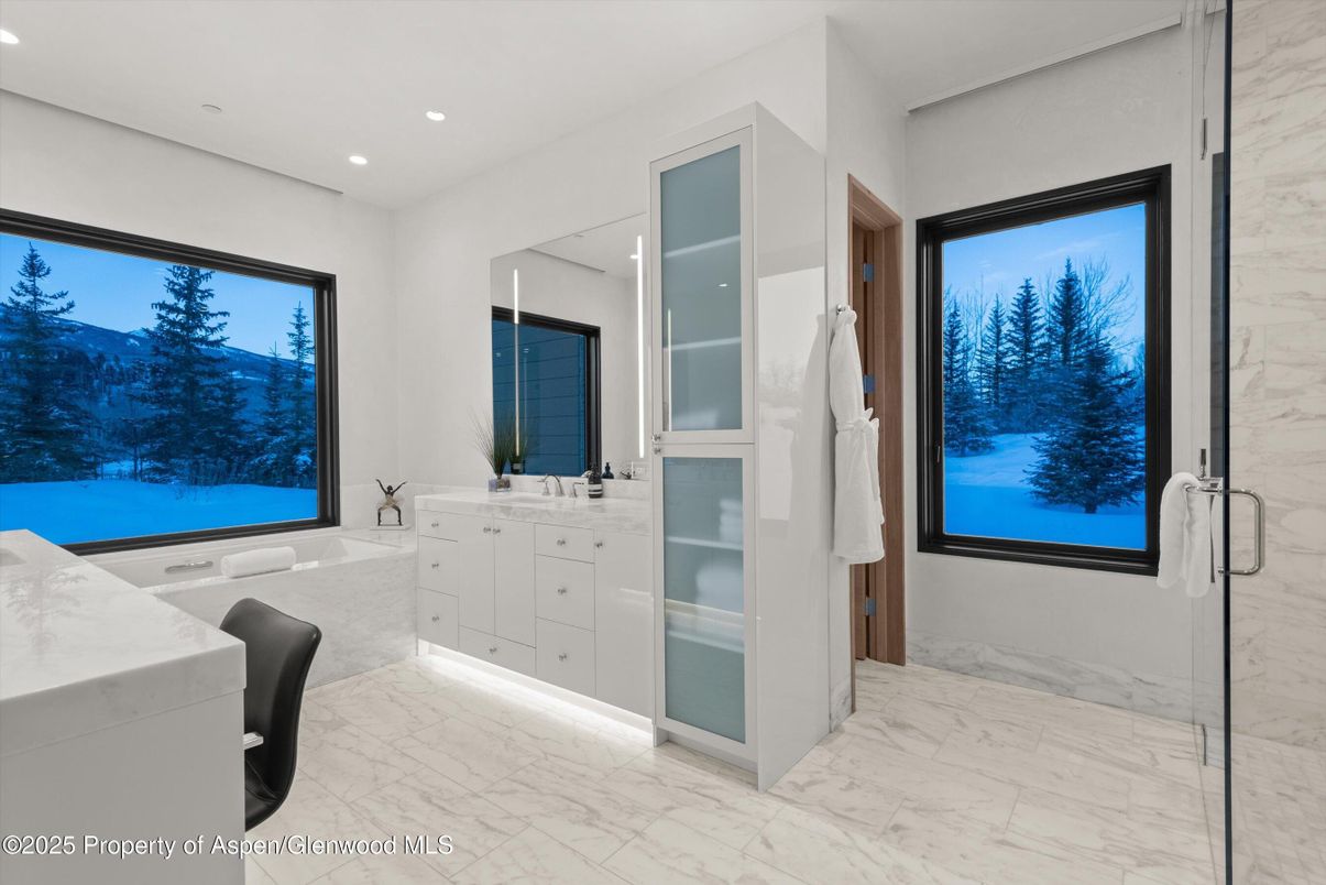 Bathroom, Glass Shower, Interior, Marble, Marble Walls, Recessed Lighting