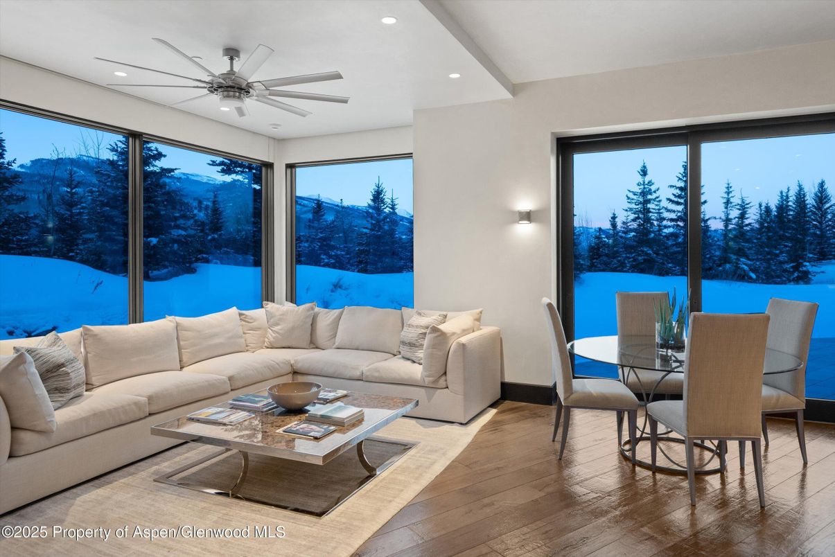 Dining room, Interior, Living room, Recessed Lighting, Wood Texture Flooring