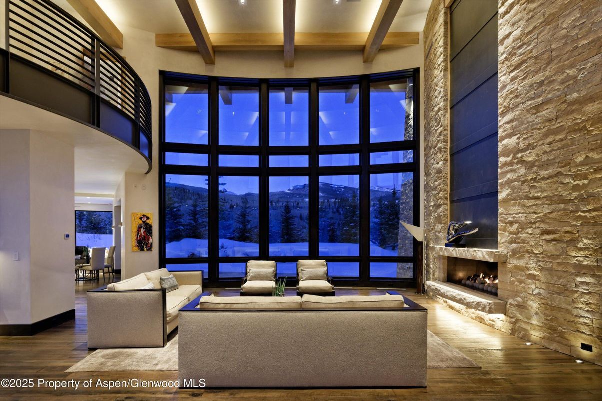 Fireplace, Interior, Living room, Recessed Lighting, Stone Walls, Wooden Beams, Wood Texture Flooring