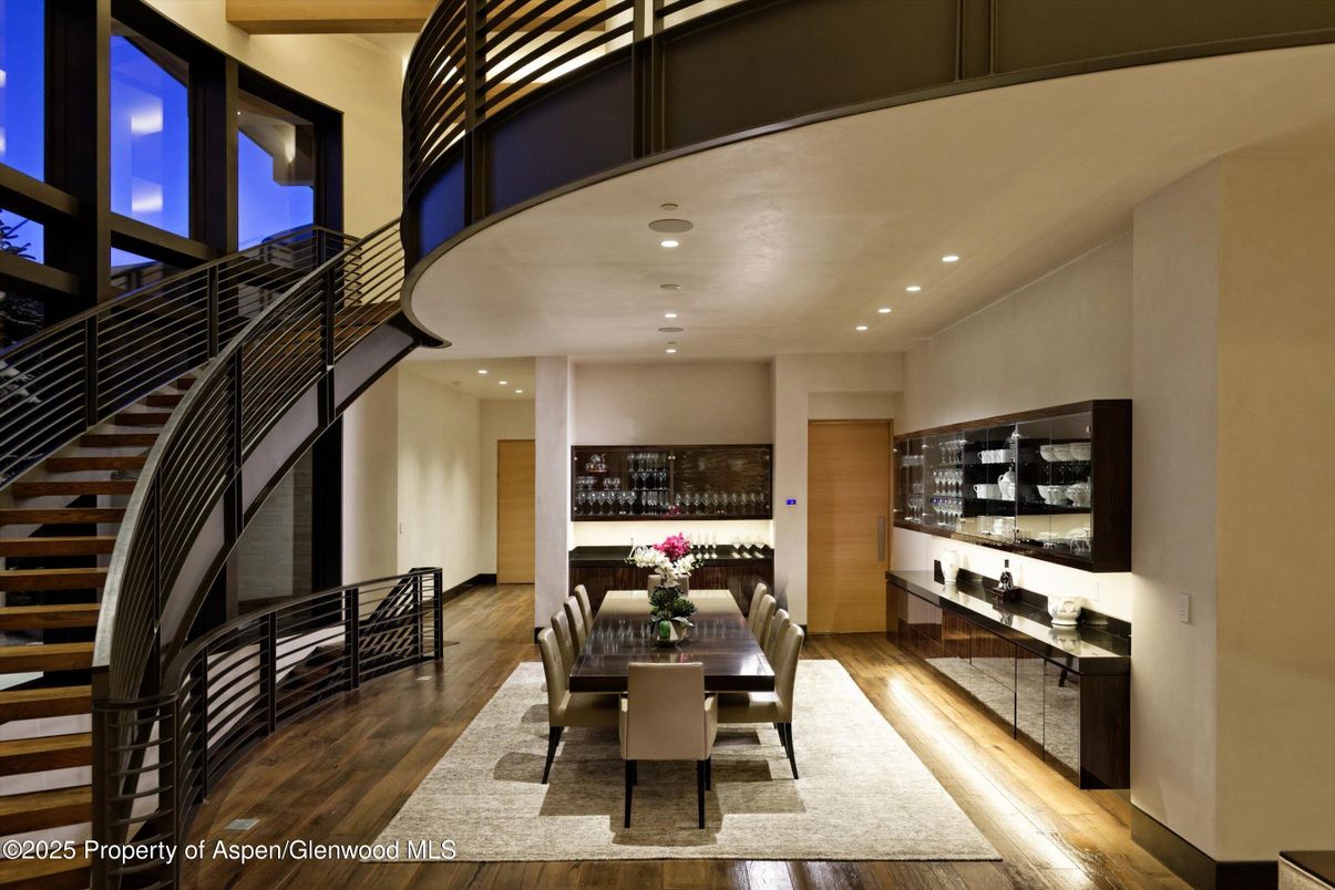 Dining room, Interior, Recessed Lighting, Wood Texture Flooring