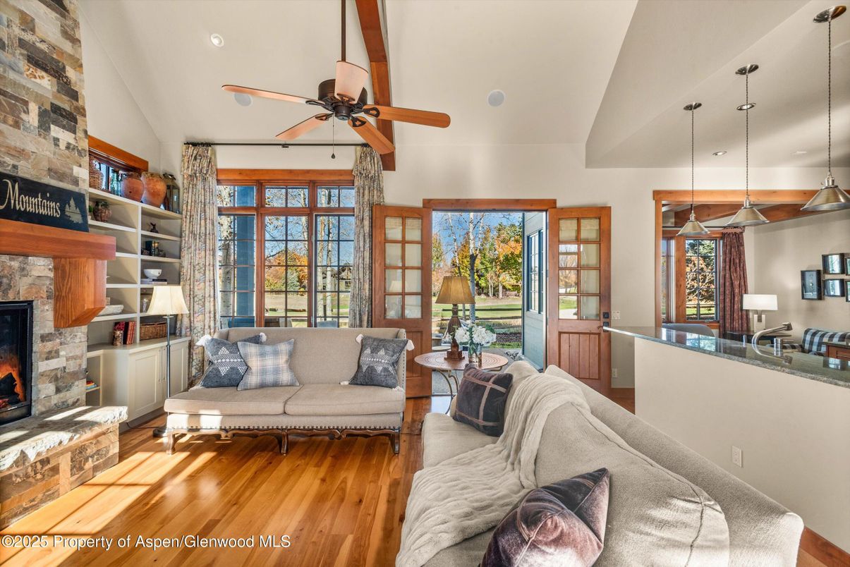 Fireplace, Interior, Living room, Pendant Lights, Recessed Lighting, Wood Texture Flooring