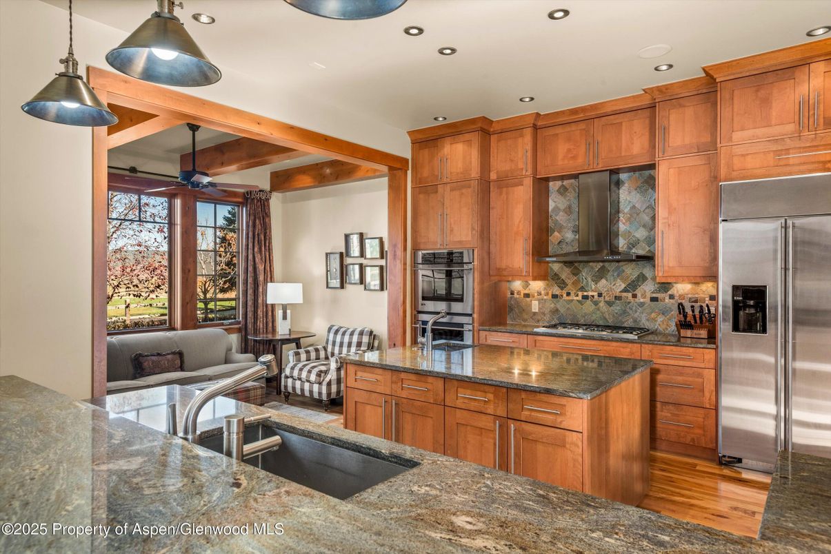 Interior, Kitchen, Pendant Lights, Recessed Lighting, Stainless Steel Appliances, Wooden Beams, Wood Texture Flooring