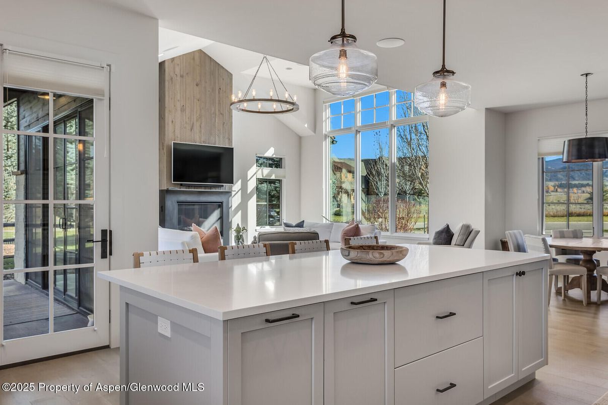 Dining room, Interior, Pendant Lights, Wood Texture Flooring