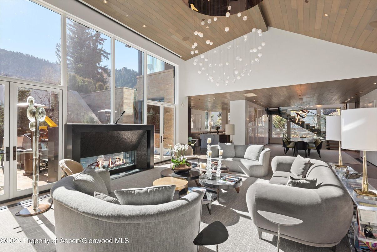 Fireplace, Interior, Living room, Pendant Lights, Piano, Recessed Lighting, Wooden Ceilings