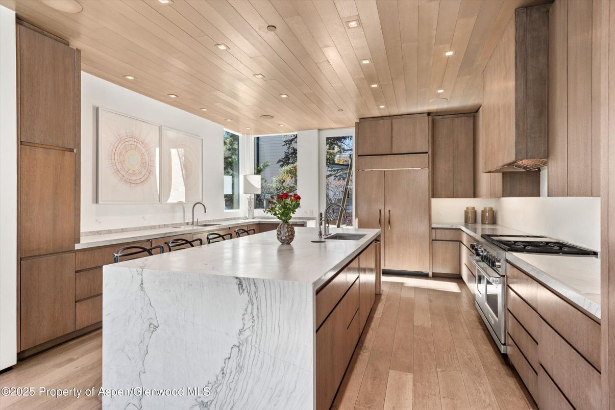 Interior, Kitchen, Recessed Lighting, Stainless Steel Appliances, Wooden Ceilings, Wood Texture Flooring