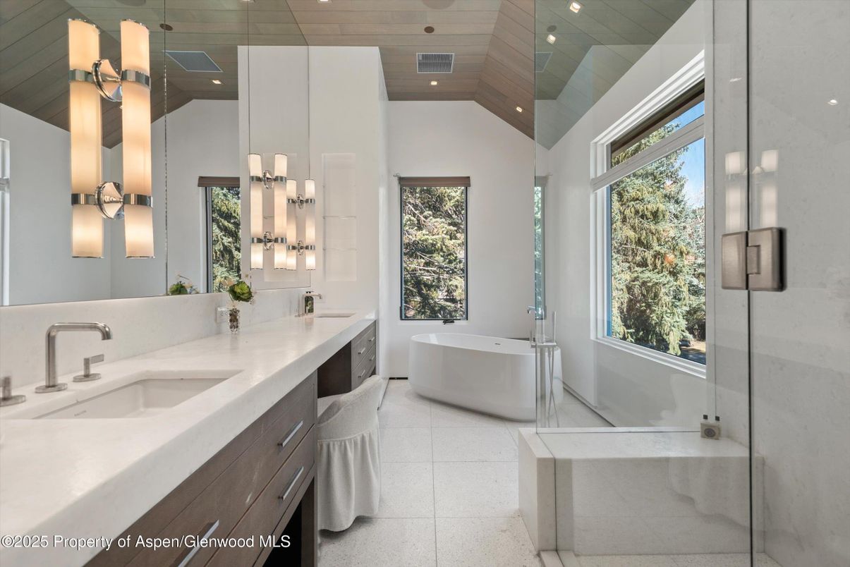 Bathroom, Dual Sink Vanities, Free Standing Baths, Glass Shower, Interior, Recessed Lighting, Wooden Ceilings