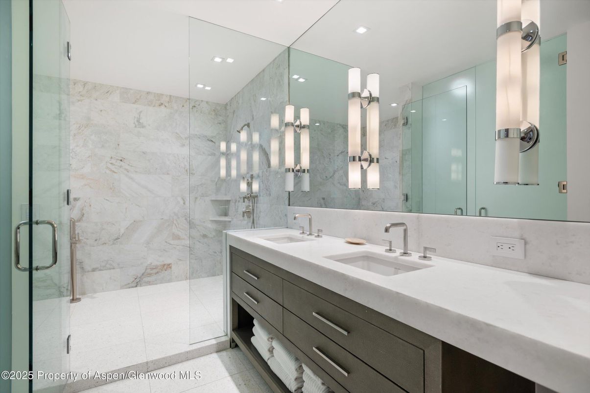 Bathroom, Dual Sink Vanities, Glass Shower, Interior, Marble Walls, Recessed Lighting