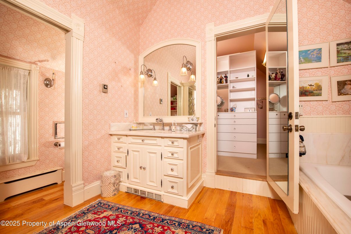 Bathroom, Dual Sink Vanities, Interior, Walk-in Closets, Wood Texture Flooring